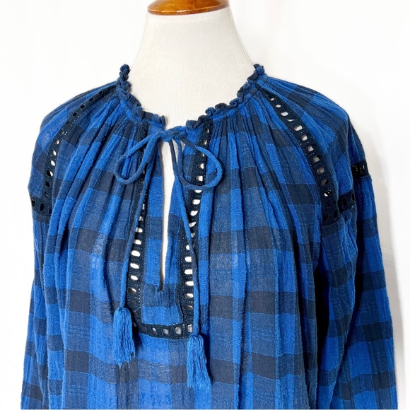 Free People Blue Plaid Eyelet Pleated Tassel Tie Neck Long Sleeve Peasant Top L - Picture 3 of 14